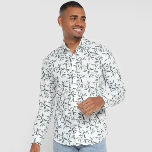 Camisa Manga Longa Milano Tricoline Estampada Masculina - Branco