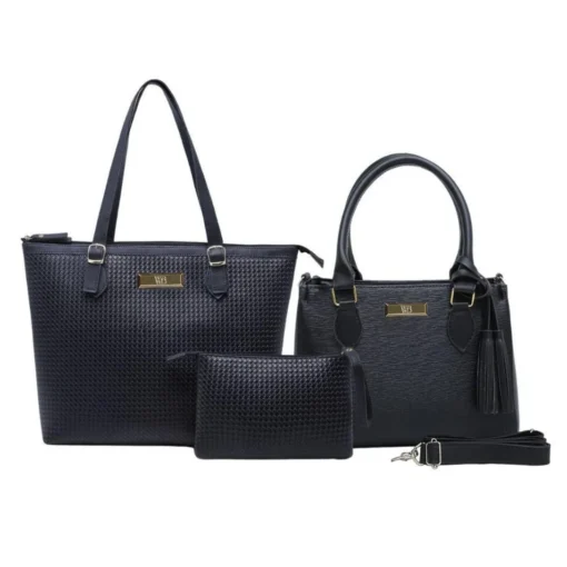 Kit Bolsa Grande + Baú + Carteira Feminina Linda Willibags - Preto